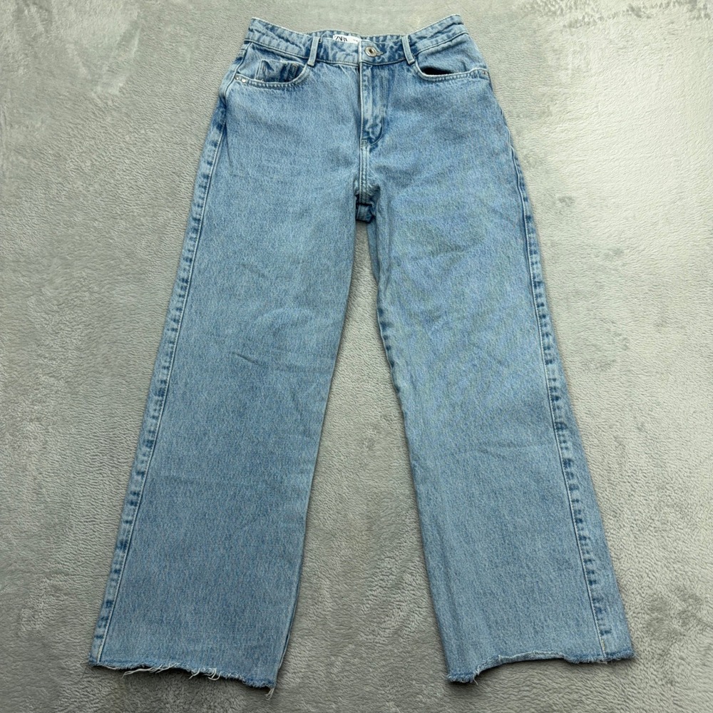 Zara Jeans Women 4 Light Blue Wide Leg High Waisted Raw Hem Denim Pants